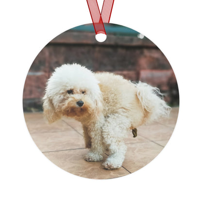 Funny Pooping Dog Bell-Shaped Ornament – Hilarious Pet Lover Christmas Decor – Metal Holiday Keepsake with Red Ribbon (Durable Aluminum, Double-Sided Printing)