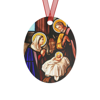 Classic Nativity Scene Metal Ornament – Oval or Round Shape, Double-Sided Glossy Finish, Durable Aluminum Holiday Decoration with Red Ribbon for Christmas Tree – Gift Ready