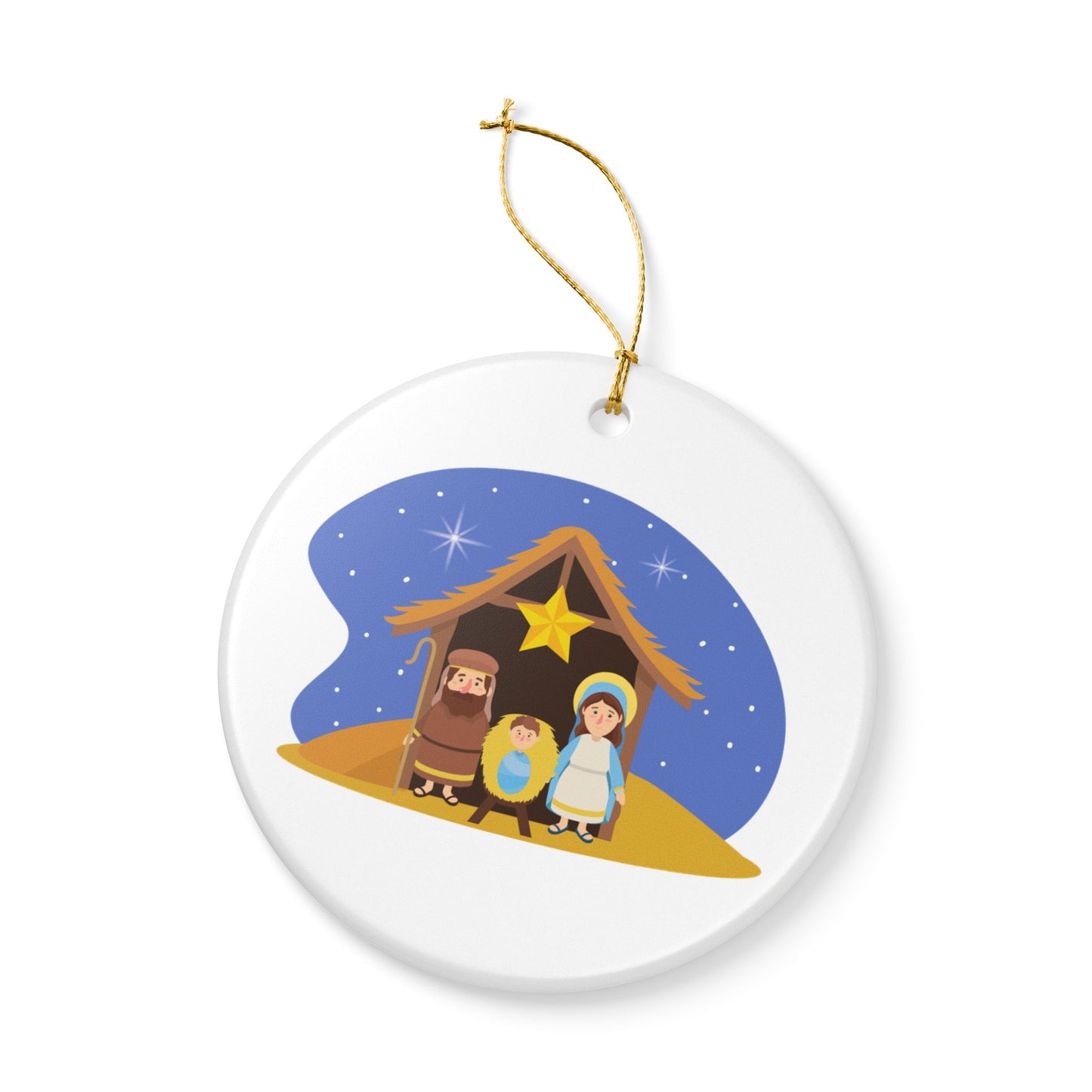 Nativity Scene Christmas Ceramic Ornament - Mary, Joseph & Baby Jesus - White Glossy Holiday Tree Decoration with Golden Hanging String