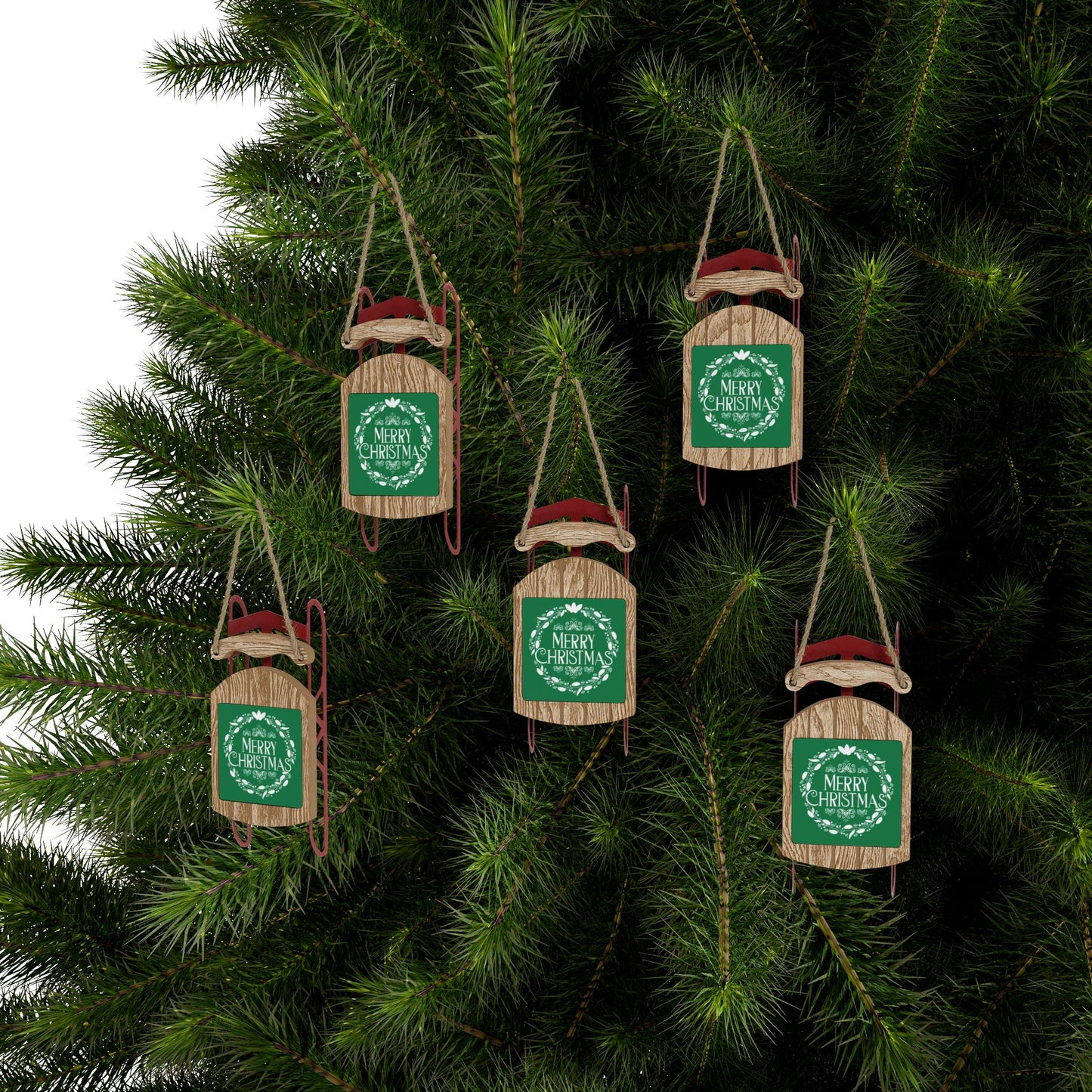 Merry Christmas Sled Ornament – Wooden Holiday Décor with Twine Hanging Thread for Festive Home Display