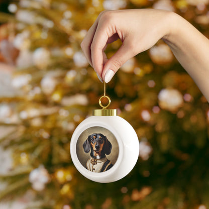 Elegant Dachshund Holiday Ornament – Glossy Ceramic Bauble with Vintage Design, Gold Ribbon, Perfect for Christmas Trees and Gifts