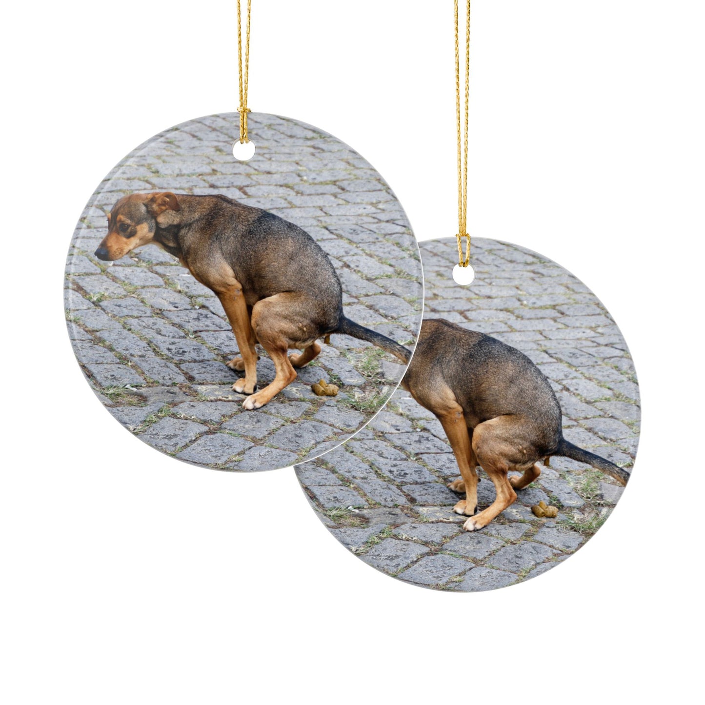 Funny Pooping Dog Ceramic Ornament – Quirky Holiday Décor for Dog Lovers, Single Pack, White Ceramic with Gold Hanging String