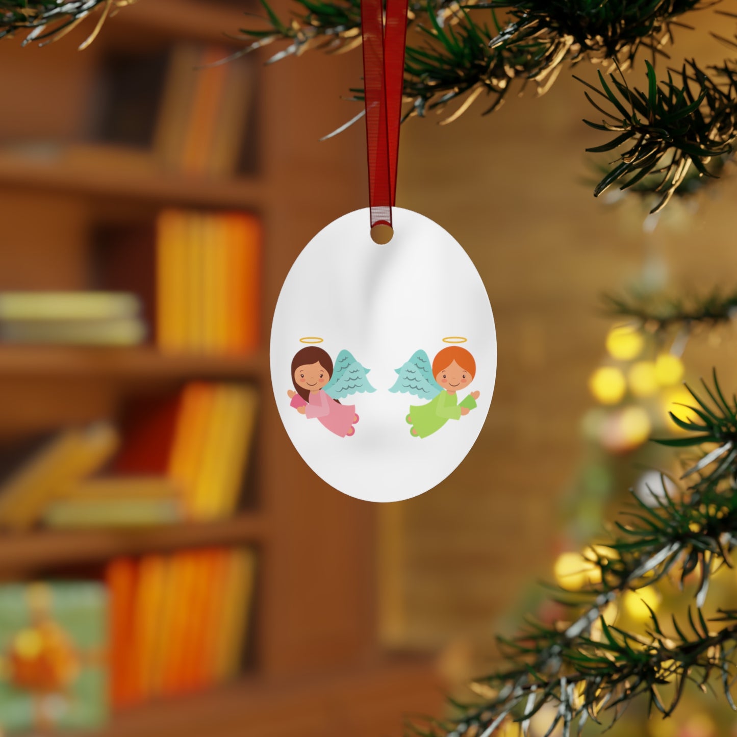 Pastel Angel Ornament – Bell Shape – Hand-Painted, Durable Aluminum with Red Ribbon – Ideal Christmas Gift for Kids, Holiday Décor, or Keepsake