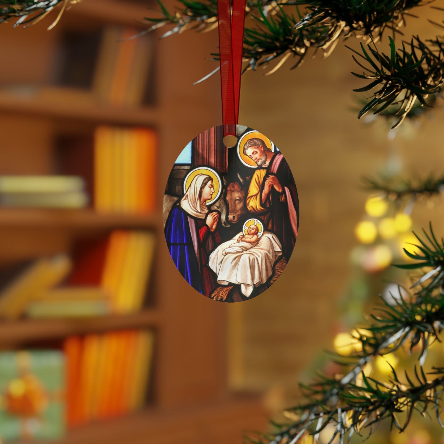 Classic Nativity Scene Metal Ornament – Oval or Round Shape, Double-Sided Glossy Finish, Durable Aluminum Holiday Decoration with Red Ribbon for Christmas Tree – Gift Ready