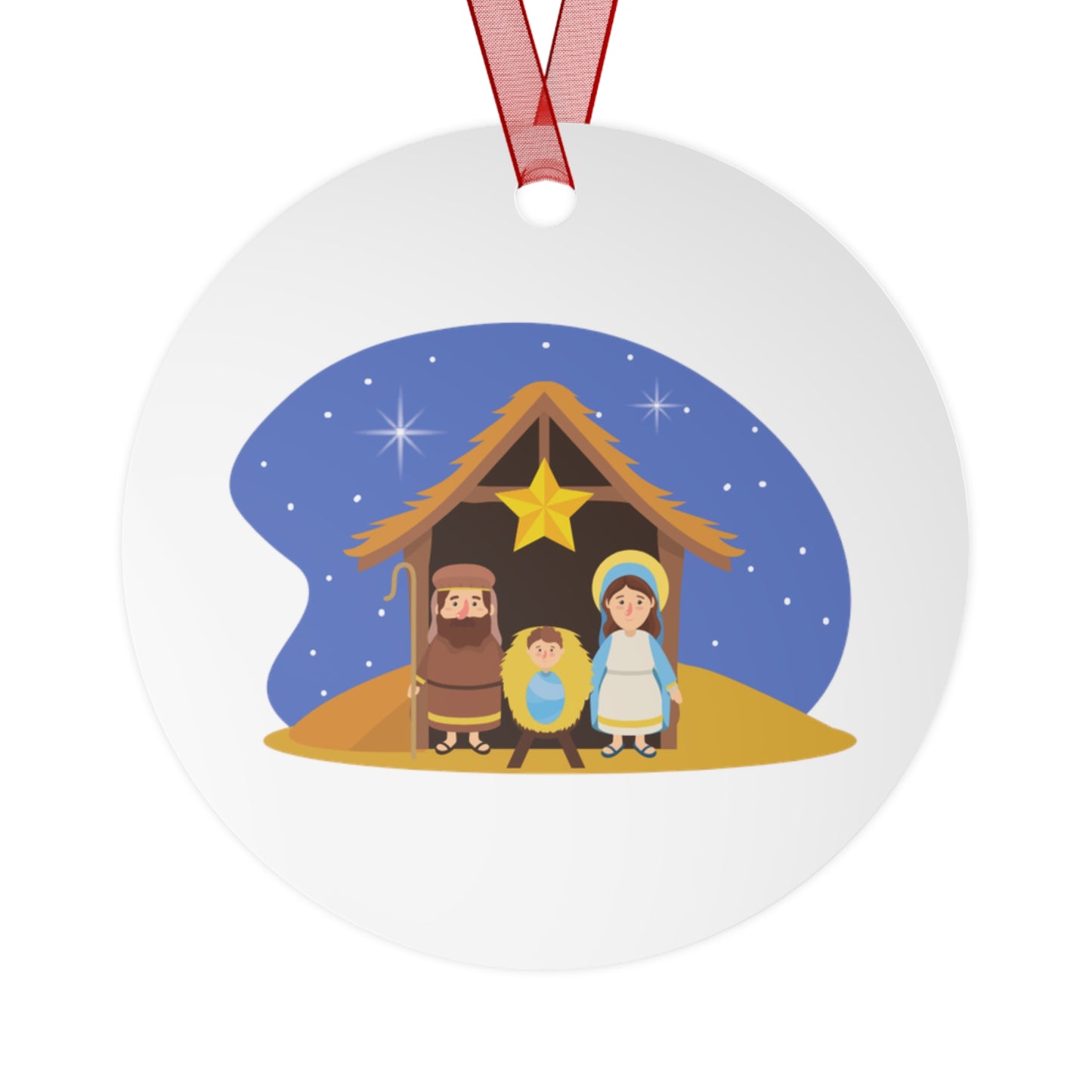 Nativity Scene Metal Christmas Ornament – Double-Sided Glossy Aluminum Holiday Décor with Red Ribbon