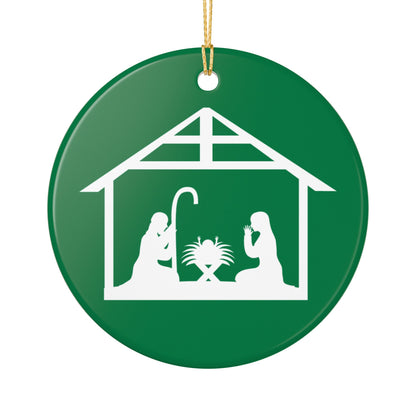 Ceramic Nativity Ornament – Green Holiday Decoration with Mary, Joseph & Manger Design, Glossy Ceramic, Includes Gold Hanging String