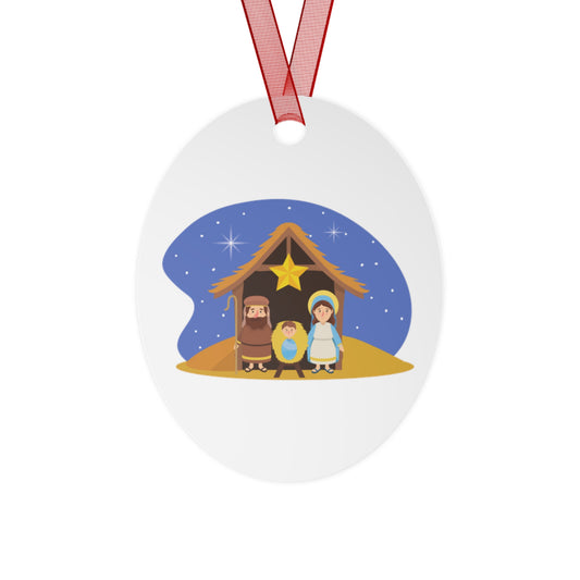 Nativity Scene Metal Christmas Ornament – Double-Sided Glossy Aluminum Holiday Décor with Red Ribbon
