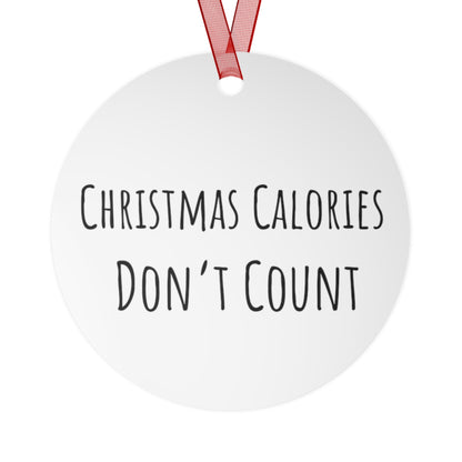 Christmas Calories Don’t Count Bell Ornament – Playful Holiday Decor – Glossy White Aluminum with Red Ribbon, Perfect for Tree or Garland