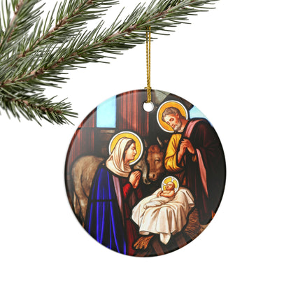Nativity Scene Ceramic Ornament - Stained Glass Style Christmas Decoration with Gold String - UV-Printed, Durable, Single-Sided, 2.8 Inch