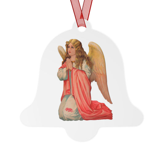 Vintage Angel Bell Ornament - White Aluminum Holiday Decoration with Red Ribbon, Double-Sided Printing - Timeless Christmas Keepsake