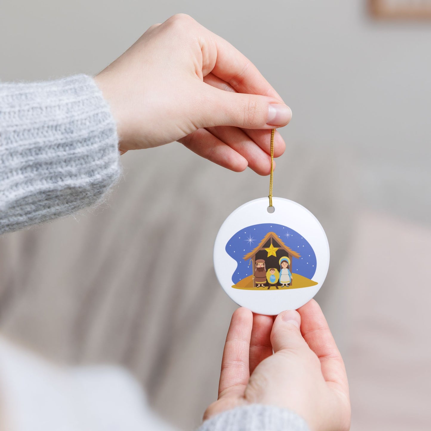 Nativity Scene Christmas Ceramic Ornament - Mary, Joseph & Baby Jesus - White Glossy Holiday Tree Decoration with Golden Hanging String