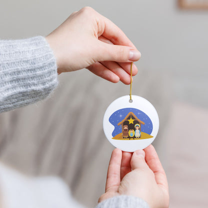 Nativity Scene Christmas Ceramic Ornament - Mary, Joseph & Baby Jesus - White Glossy Holiday Tree Decoration with Golden Hanging String