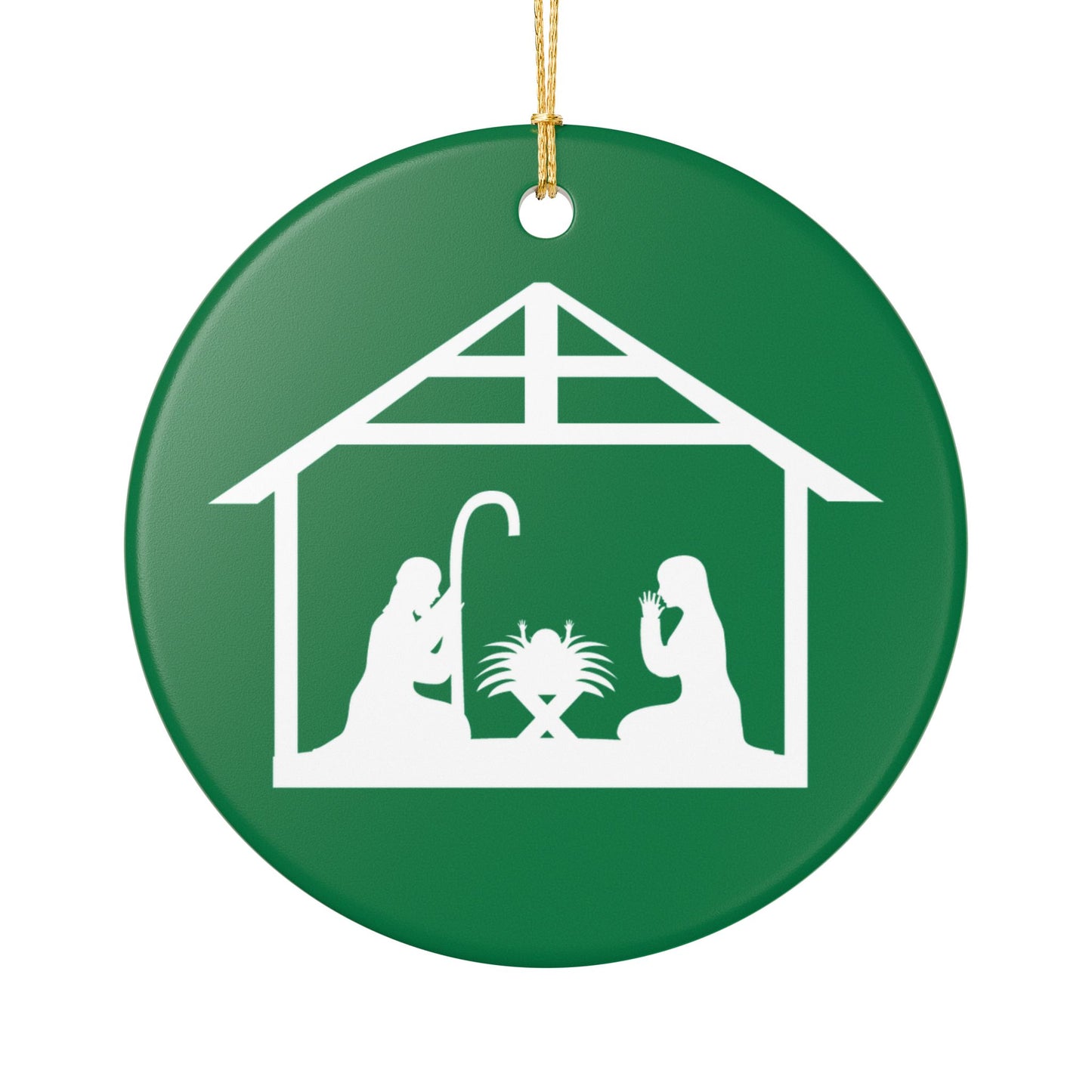 Ceramic Nativity Ornament – Green Holiday Decoration with Mary, Joseph & Manger Design, Glossy Ceramic, Includes Gold Hanging String