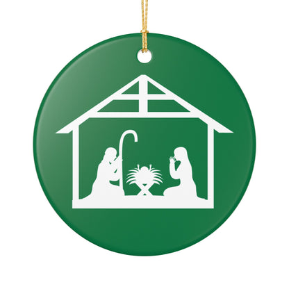 Ceramic Nativity Ornament – Green Holiday Decoration with Mary, Joseph & Manger Design, Glossy Ceramic, Includes Gold Hanging String