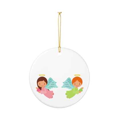 Angel Christmas Ornament - Cute Pink & Green Ceramic Holiday Decoration for Kids, Baby's First Christmas Gift, Kids Christmas Tree Ornament with Gold String