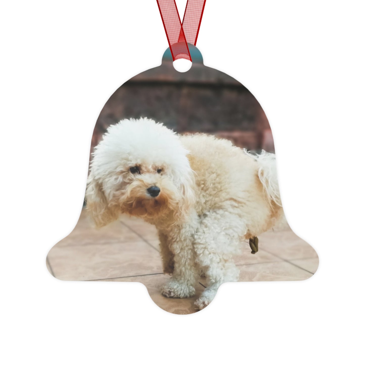 Funny Pooping Dog Bell-Shaped Ornament – Hilarious Pet Lover Christmas Decor – Metal Holiday Keepsake with Red Ribbon (Durable Aluminum, Double-Sided Printing)