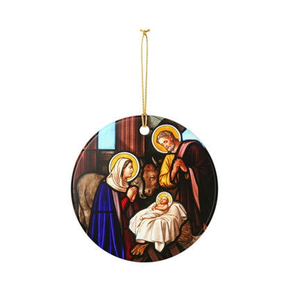 Nativity Scene Ceramic Ornament - Stained Glass Style Christmas Decoration with Gold String - UV-Printed, Durable, Single-Sided, 2.8 Inch