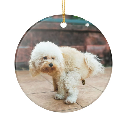 Funny Pooping Dog Ornament – Hilarious Pet Lover Christmas Decor – Ceramic Holiday Keepsake, Perfect Gift for Dog Lovers, Stocking Stuffers (2.8" Diameter)