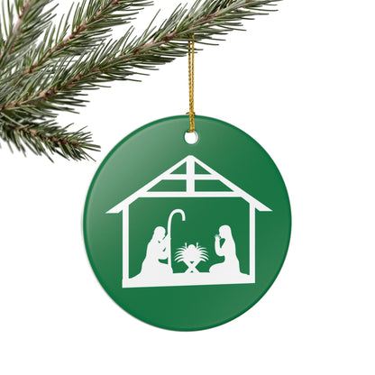 Ceramic Nativity Ornament – Green Holiday Decoration with Mary, Joseph & Manger Design, Glossy Ceramic, Includes Gold Hanging String