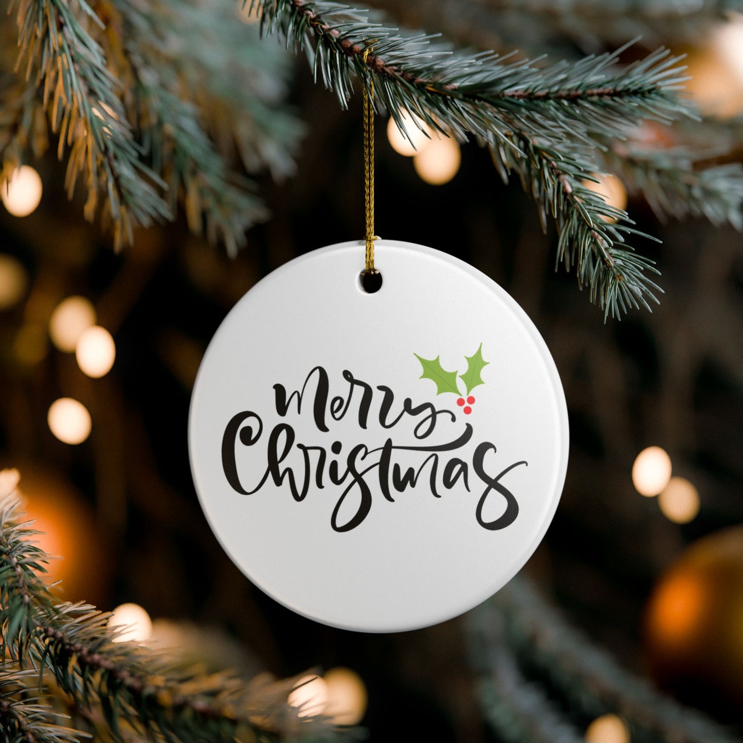 Merry Christmas Ceramic Ornament – Minimalist Holly Tree Decoration Gift for Her