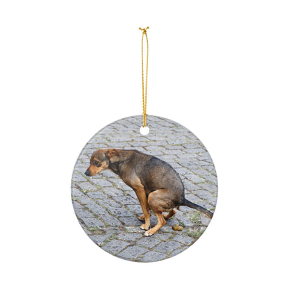 Funny Pooping Dog Ceramic Ornament – Quirky Holiday Décor for Dog Lovers, Single Pack, White Ceramic with Gold Hanging String