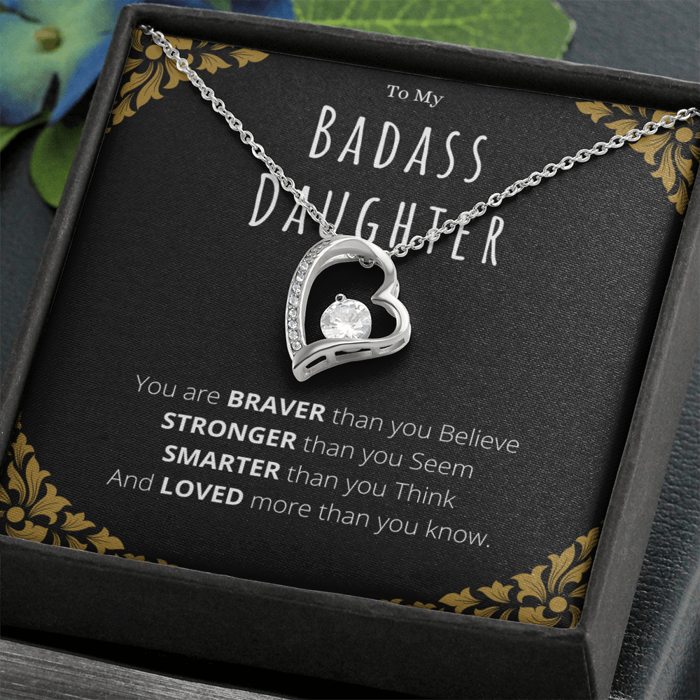 Best Gifts 305-Badass Daughter Necklace White Gold Forever Love Pendant from Mom or Dad
