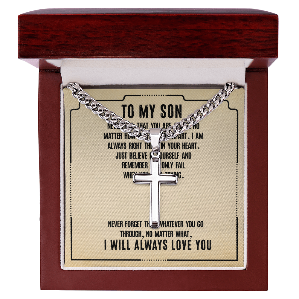 To My Son, Artisan Cross with Cuban Link Chain Necklace Gift For Son, Believe In Yourself Son, I Love You Son, 18th Birthday Gift Son, Mom To Son Gift Ideas, Father Son Message Card Gift by Best Gifts 305