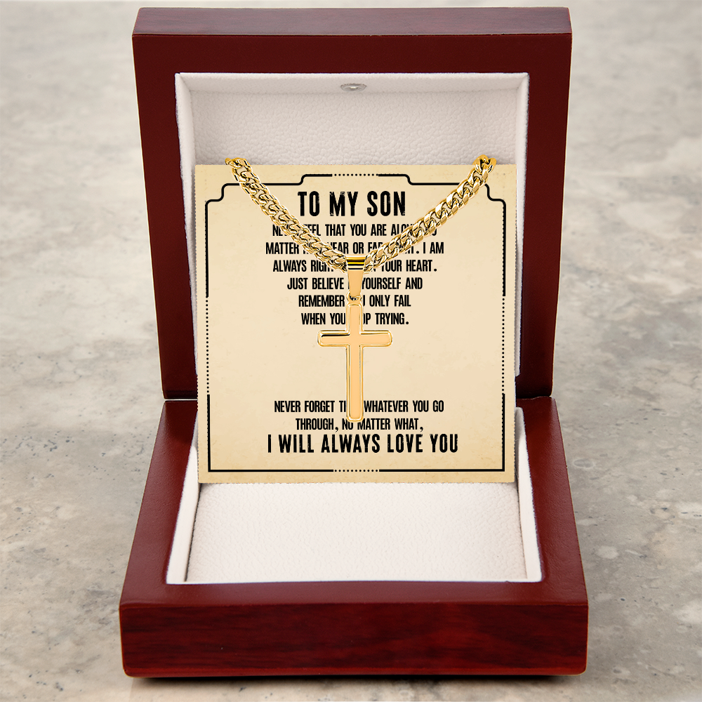 To My Son, Artisan Cross with Cuban Link Chain Necklace Gift For Son, Believe In Yourself Son, I Love You Son, 18th Birthday Gift Son, Mom To Son Gift Ideas, Father Son Message Card Gift by Best Gifts 305