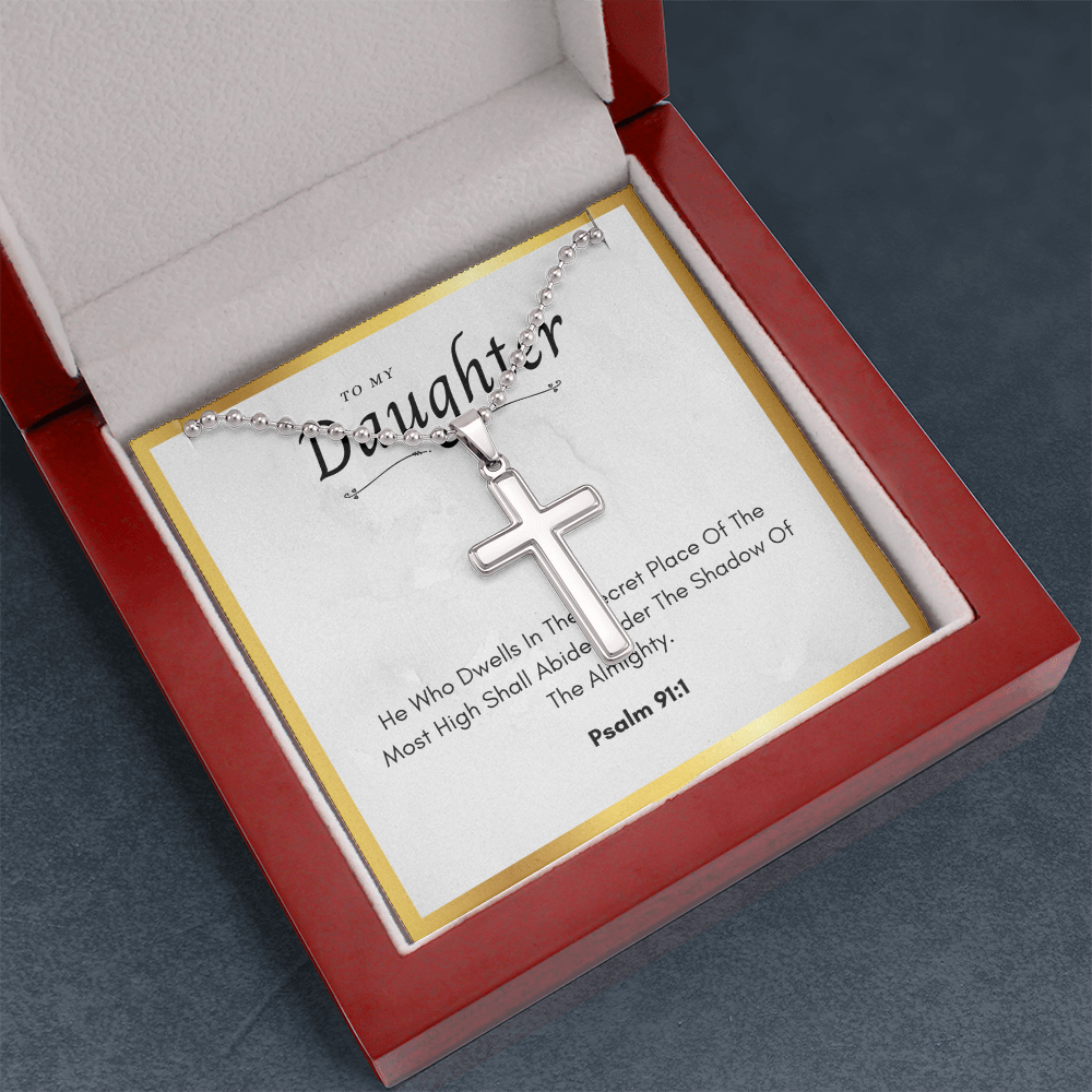 To My Daughter Cross Necklace with Psalm 91:1 Card - Stainless Steel Pendant, Inspirational Gift for Daughter, Religious Jewelry for Her