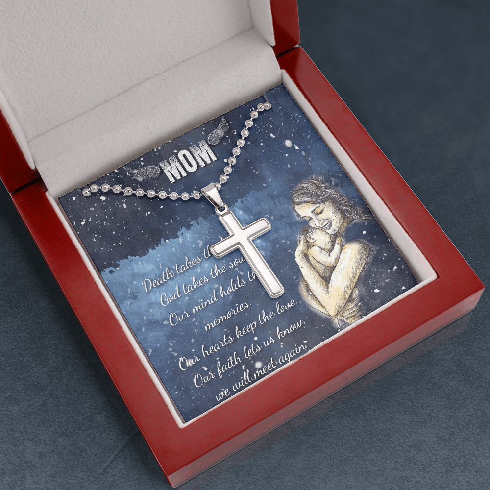 Mom Memorial Cross Necklace Stainless Steel with Sympathy Message, Christian Remembrance Gift from Daughter or Son