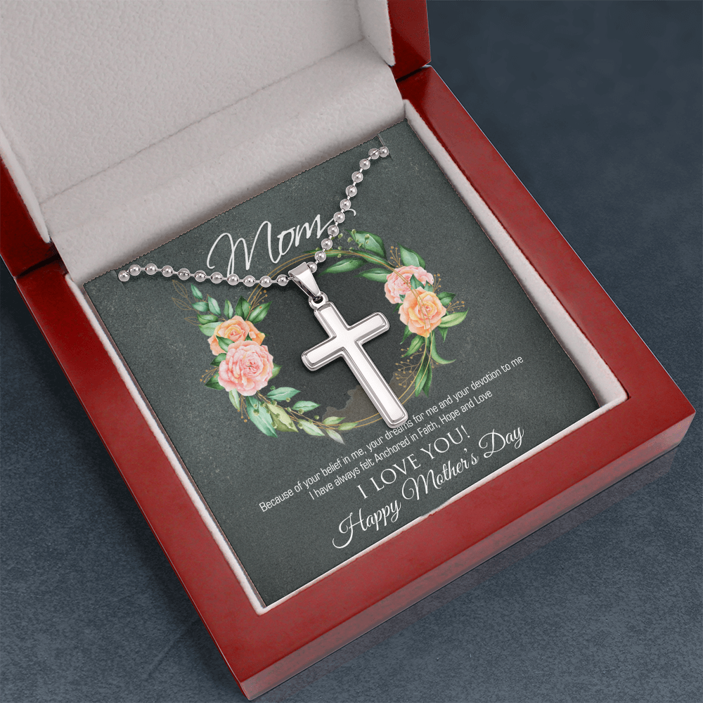 Mom Cross Necklace Stainless Steel with Faith Message Card, Christian Mother’s Day Gift from Daughter or Son