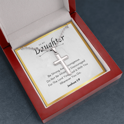 To My Daughter Cross Necklace with Joshua 1:9 Card – Stainless Steel Pendant Gift for Daughter from Mom or Dad