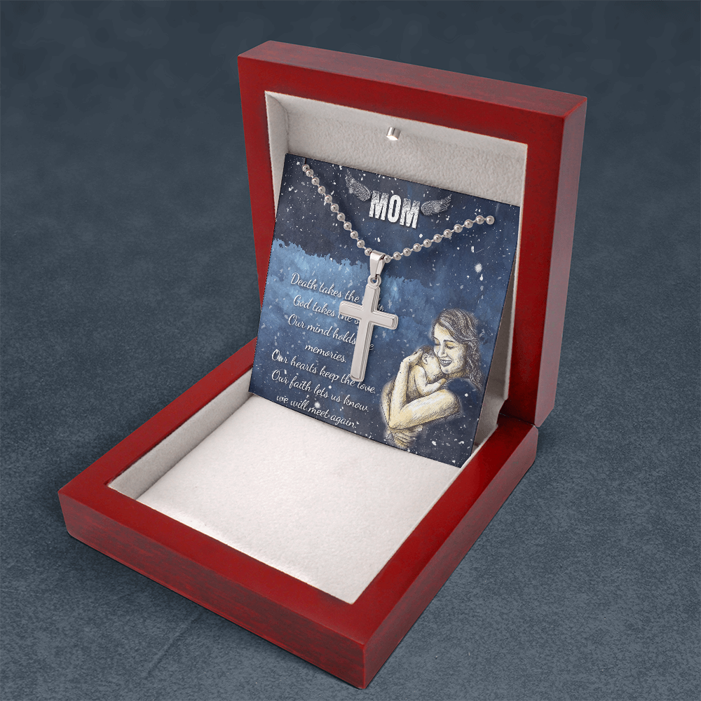 Mom Memorial Cross Necklace Stainless Steel with Sympathy Message, Christian Remembrance Gift from Daughter or Son