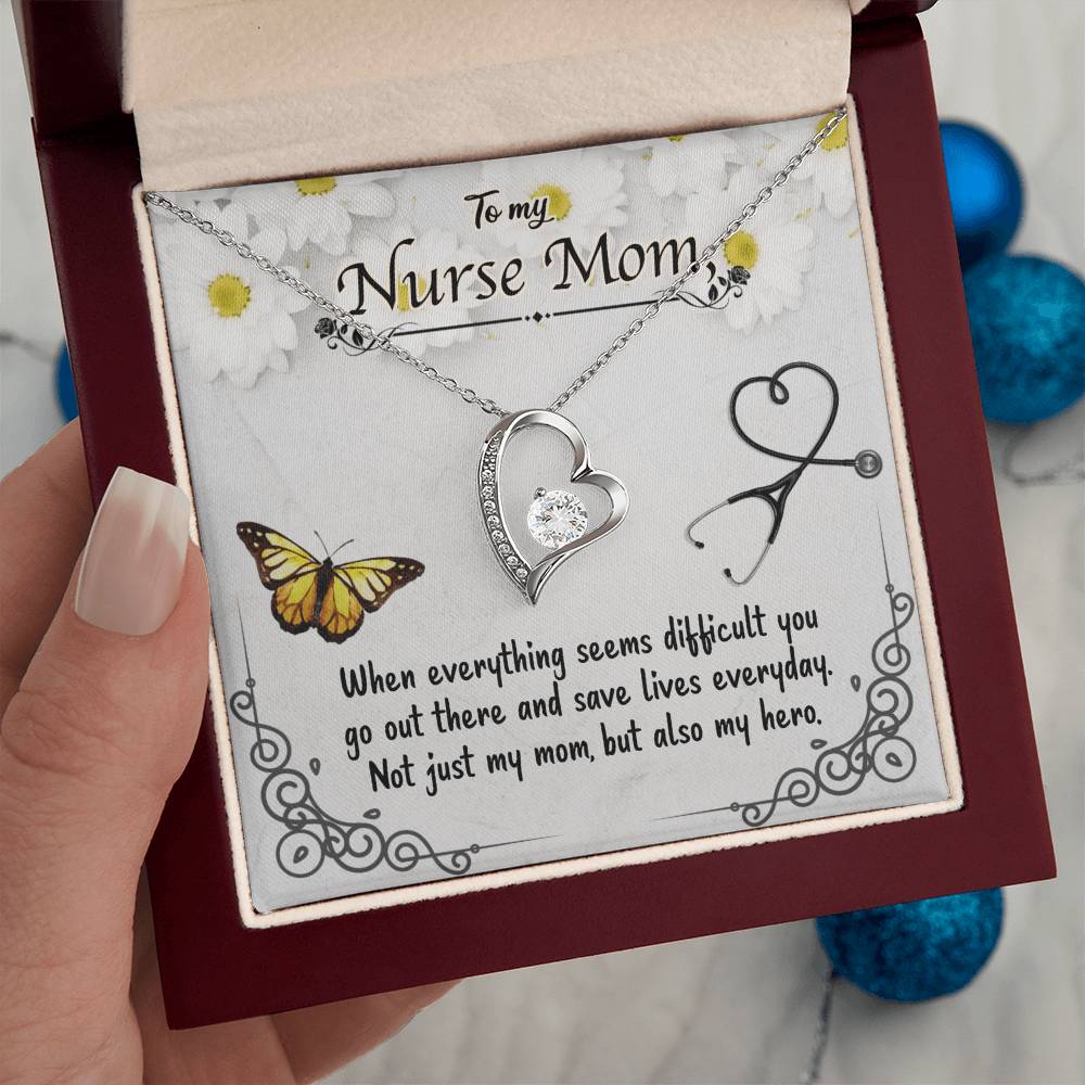 To My Nurse Mom – Forever Love Necklace with CZ Crystal Pendant, Inspirational Gift for Nurses, Hero Mom Jewelry, 14K White or Yellow Gold