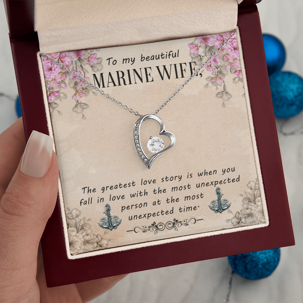 To My Beautiful Marine Wife - Forever Love Necklace with CZ Crystal - White or Yellow Gold - Adjustable Chain - Gift for Wife - Perfect Anniversary or Birthday Gift
