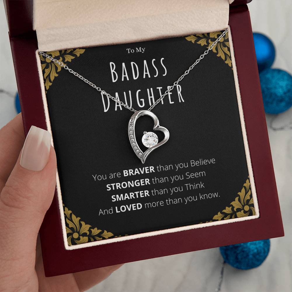 Badass Daughter Necklace Gift – White Gold Forever Love CZ Pendant from Mom or Dad