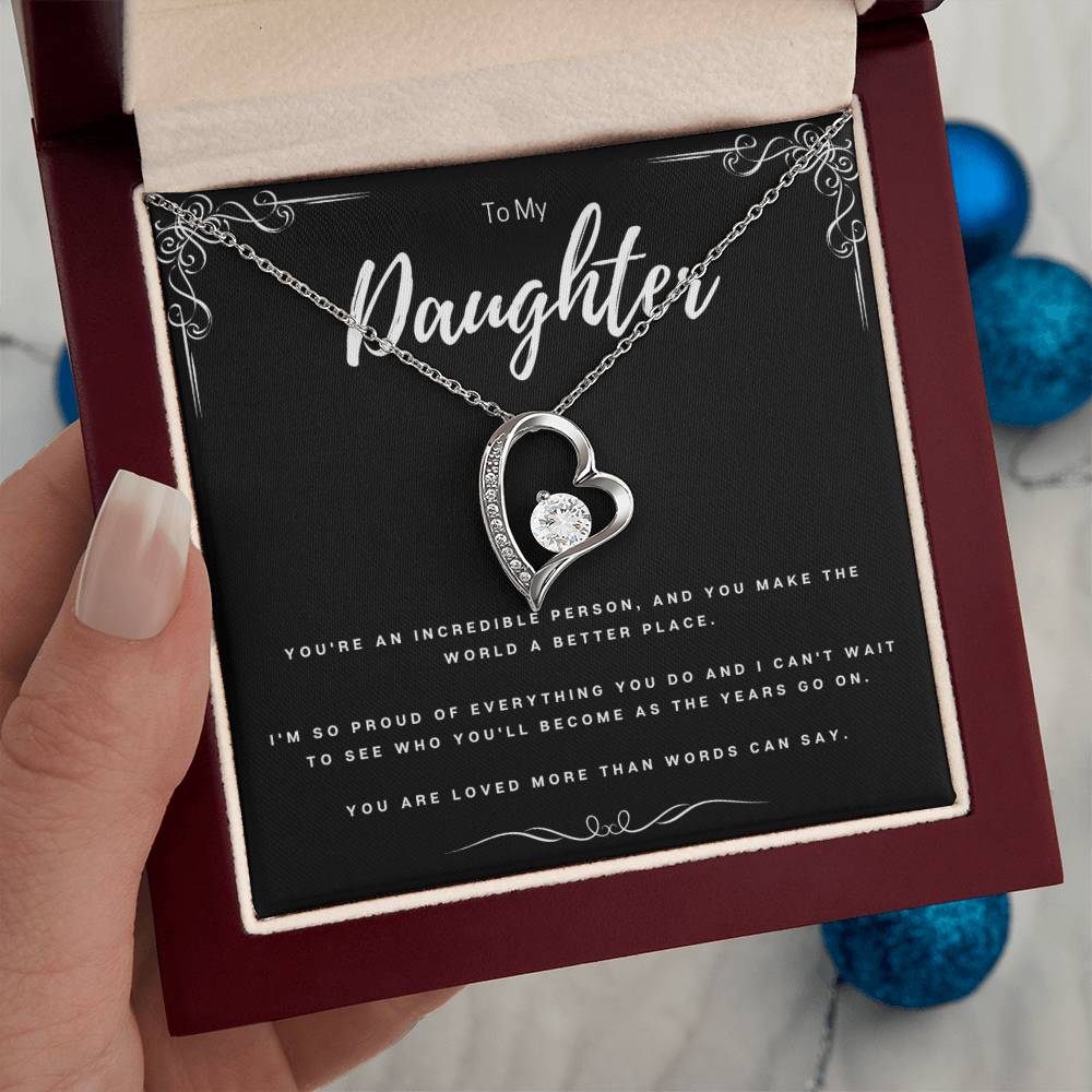 To My Daughter Necklace – Forever Love Heart Pendant with CZ Stone, Meaningful Gift from Mom or Dad
