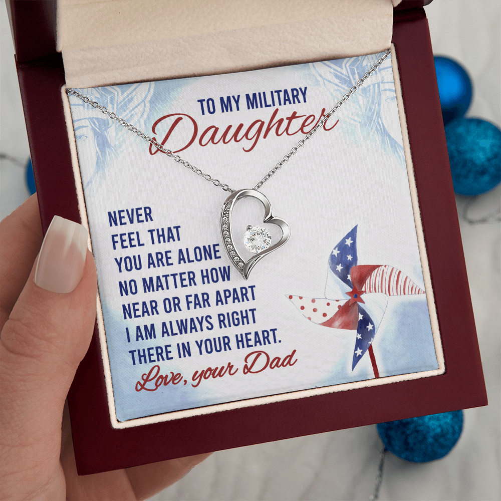 To My Military Daughter Forever Love Necklace – 14k White or 18k Yellow Gold, Cubic Zirconia Heart Pendant with Adjustable Chain – Perfect Gift from Dad, Military Daughter Gift