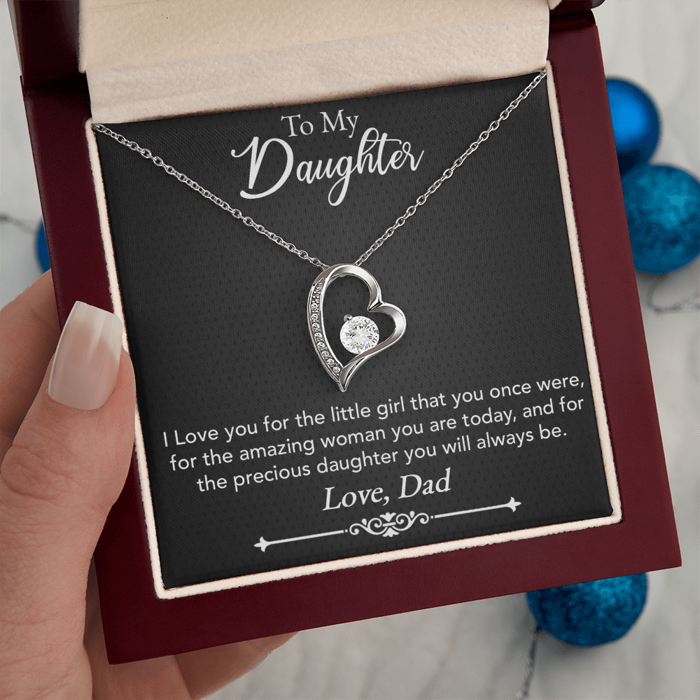 To My Daughter Necklace from Dad – Forever Love Heart Pendant with CZ Crystal, White or Yellow Gold Finish Gift for Her