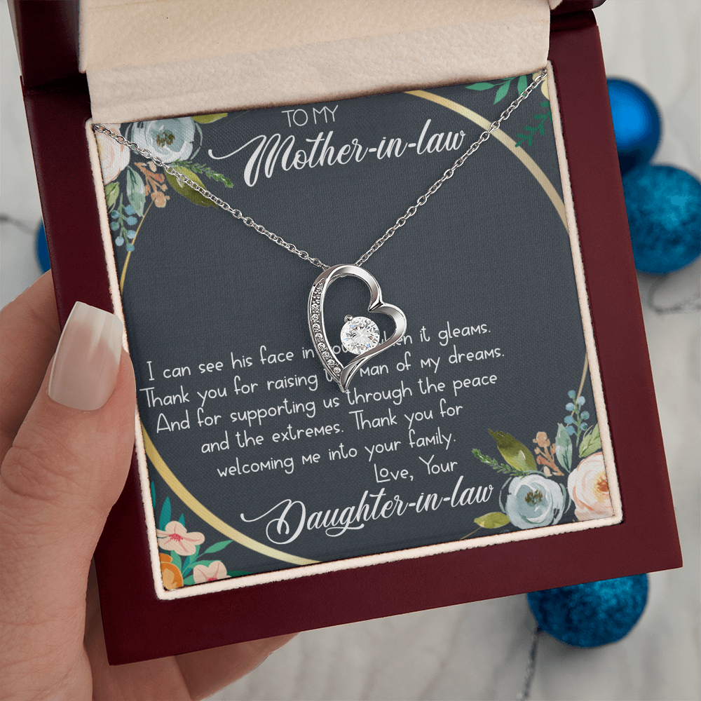 To My Mother-in-Law Forever Love Necklace - Heart Pendant with CZ Stone, Gift from Daughter-in-Law - Elegant Jewelry Gift Box Included