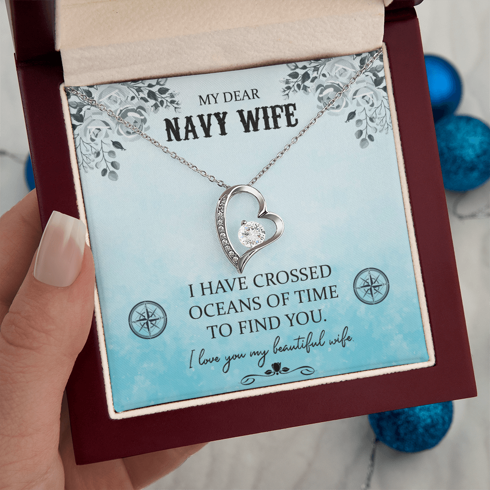 My Dear Navy Wife Forever Love Necklace – 6.5mm CZ Crystal Heart Pendant, Adjustable 18-22" Chain, White or Yellow Gold Finish, Romantic Gift for Wife