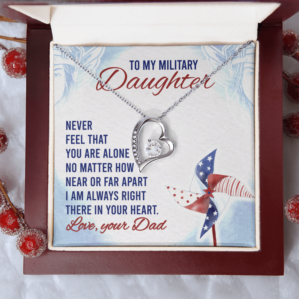 To My Military Daughter Forever Love Necklace – 14k White or 18k Yellow Gold, Cubic Zirconia Heart Pendant with Adjustable Chain – Perfect Gift from Dad, Military Daughter Gift