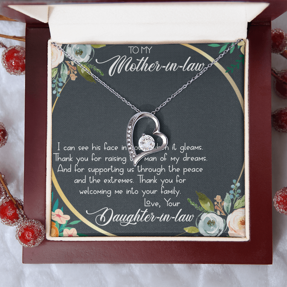 To My Mother-in-Law Forever Love Necklace - Heart Pendant with CZ Stone, Gift from Daughter-in-Law - Elegant Jewelry Gift Box Included