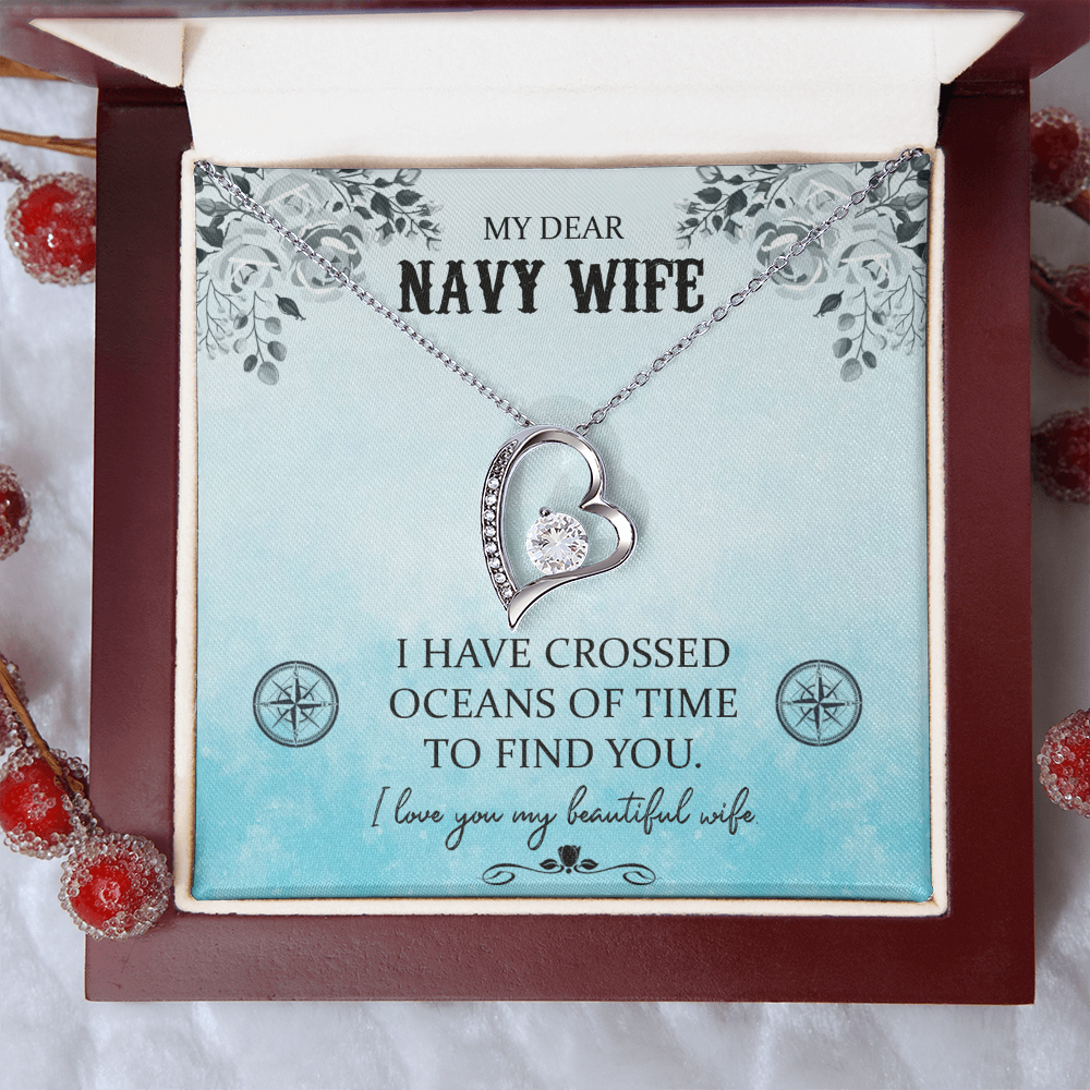 My Dear Navy Wife Forever Love Necklace – 6.5mm CZ Crystal Heart Pendant, Adjustable 18-22" Chain, White or Yellow Gold Finish, Romantic Gift for Wife
