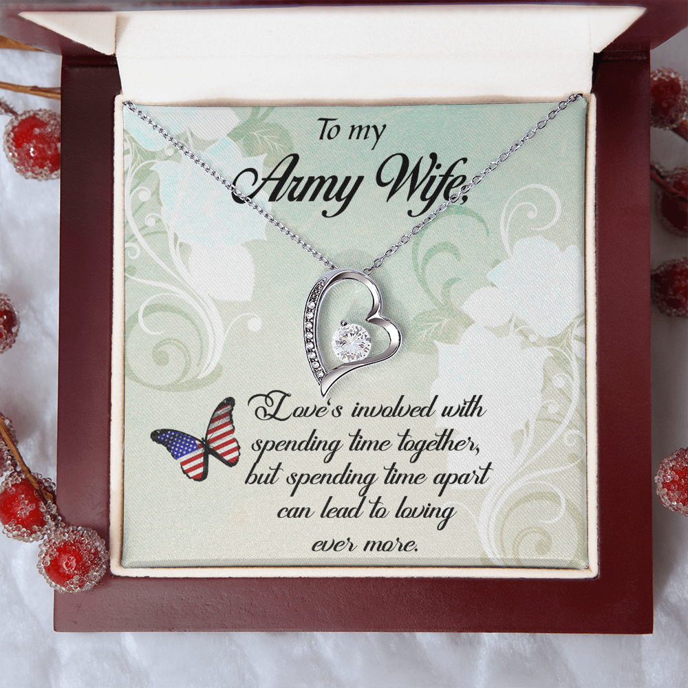 Forever Love Necklace for Army Wife – Heart CZ Pendant, White or Yellow Gold Finish, Romantic Gift for Her