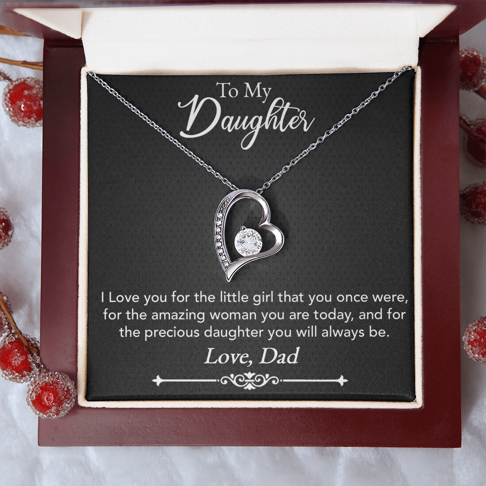 To My Daughter Necklace from Dad – Forever Love Heart Pendant with CZ Crystal, White or Yellow Gold Finish Gift for Her