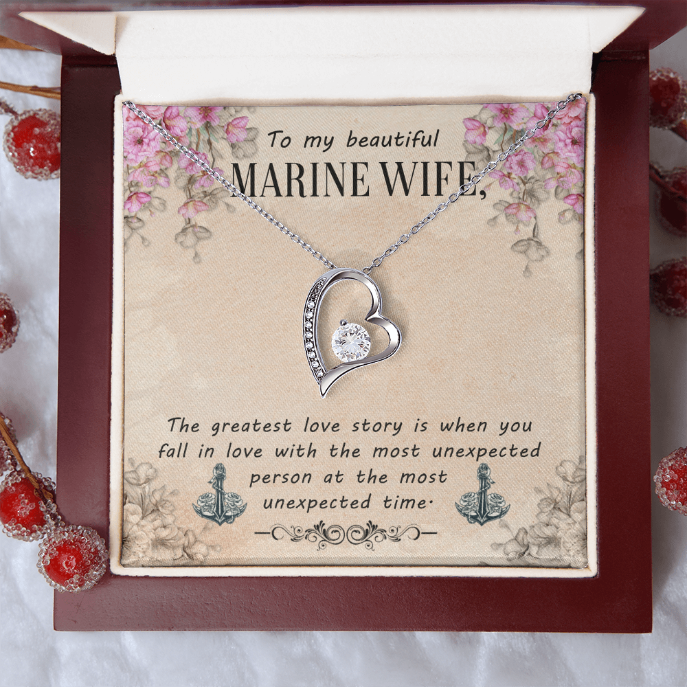 To My Beautiful Marine Wife - Forever Love Necklace with CZ Crystal - White or Yellow Gold - Adjustable Chain - Gift for Wife - Perfect Anniversary or Birthday Gift