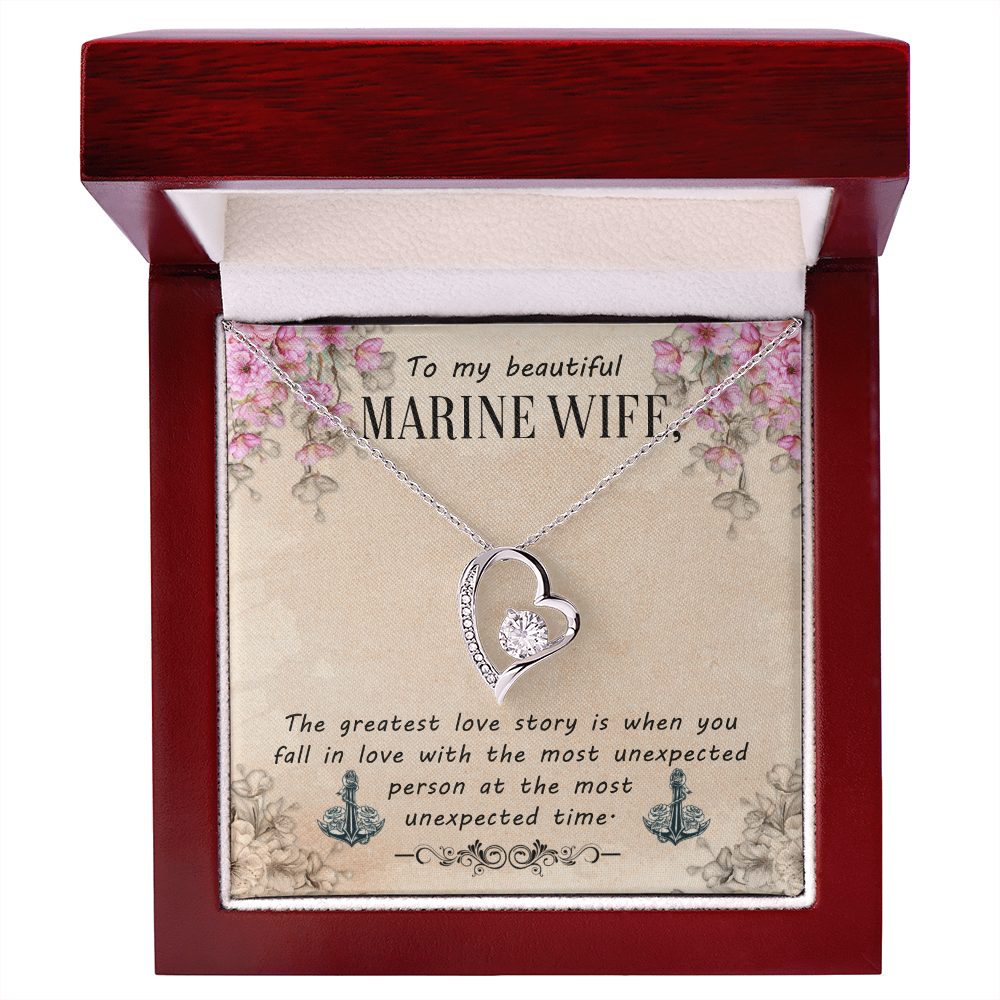 To My Beautiful Marine Wife - Forever Love Necklace with CZ Crystal - White or Yellow Gold - Adjustable Chain - Gift for Wife - Perfect Anniversary or Birthday Gift