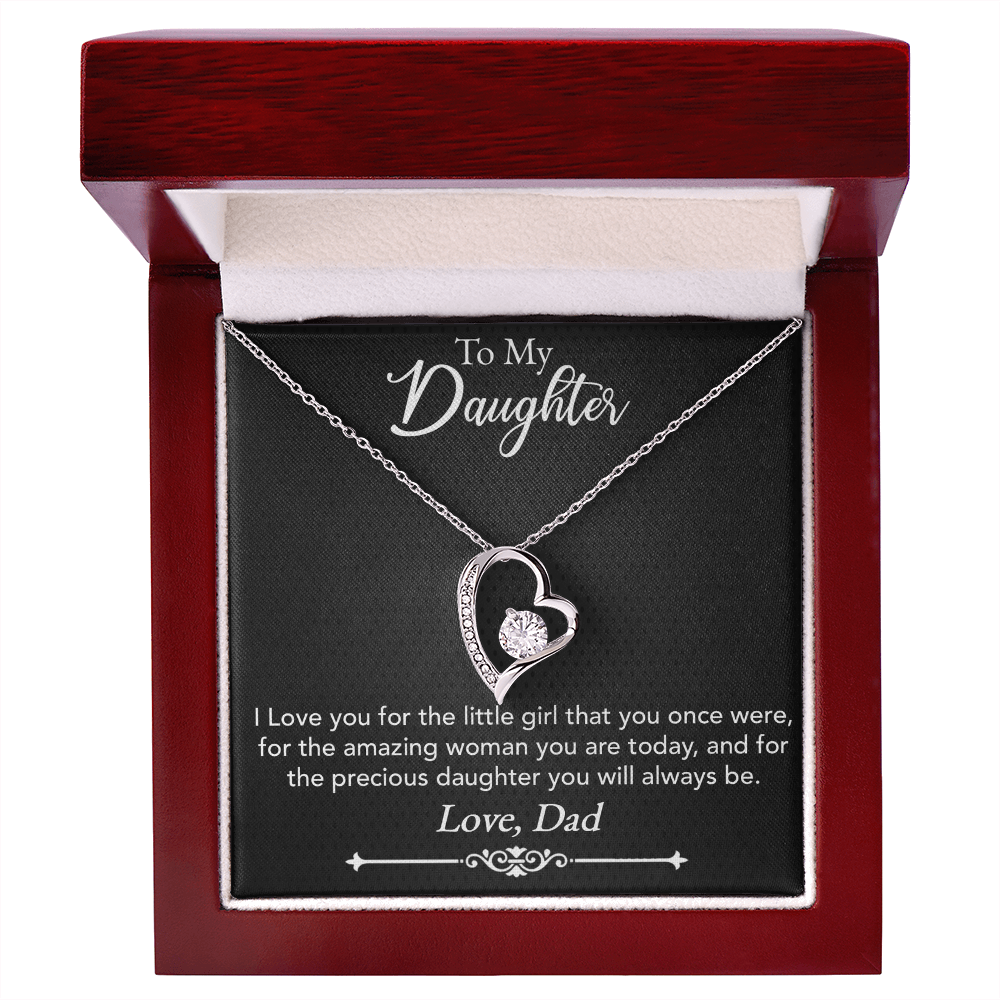 To My Daughter Necklace from Dad – Forever Love Heart Pendant with CZ Crystal, White or Yellow Gold Finish Gift for Her