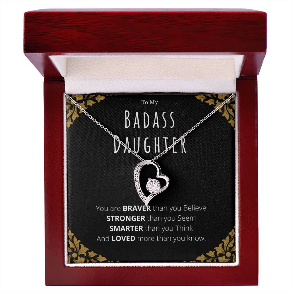 Badass Daughter Necklace Gift – White Gold Forever Love CZ Pendant from Mom or Dad